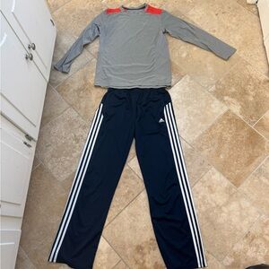 Set of YL Adidas Navy Striped Pants & Nike Grey & Orange long sleeved shirt